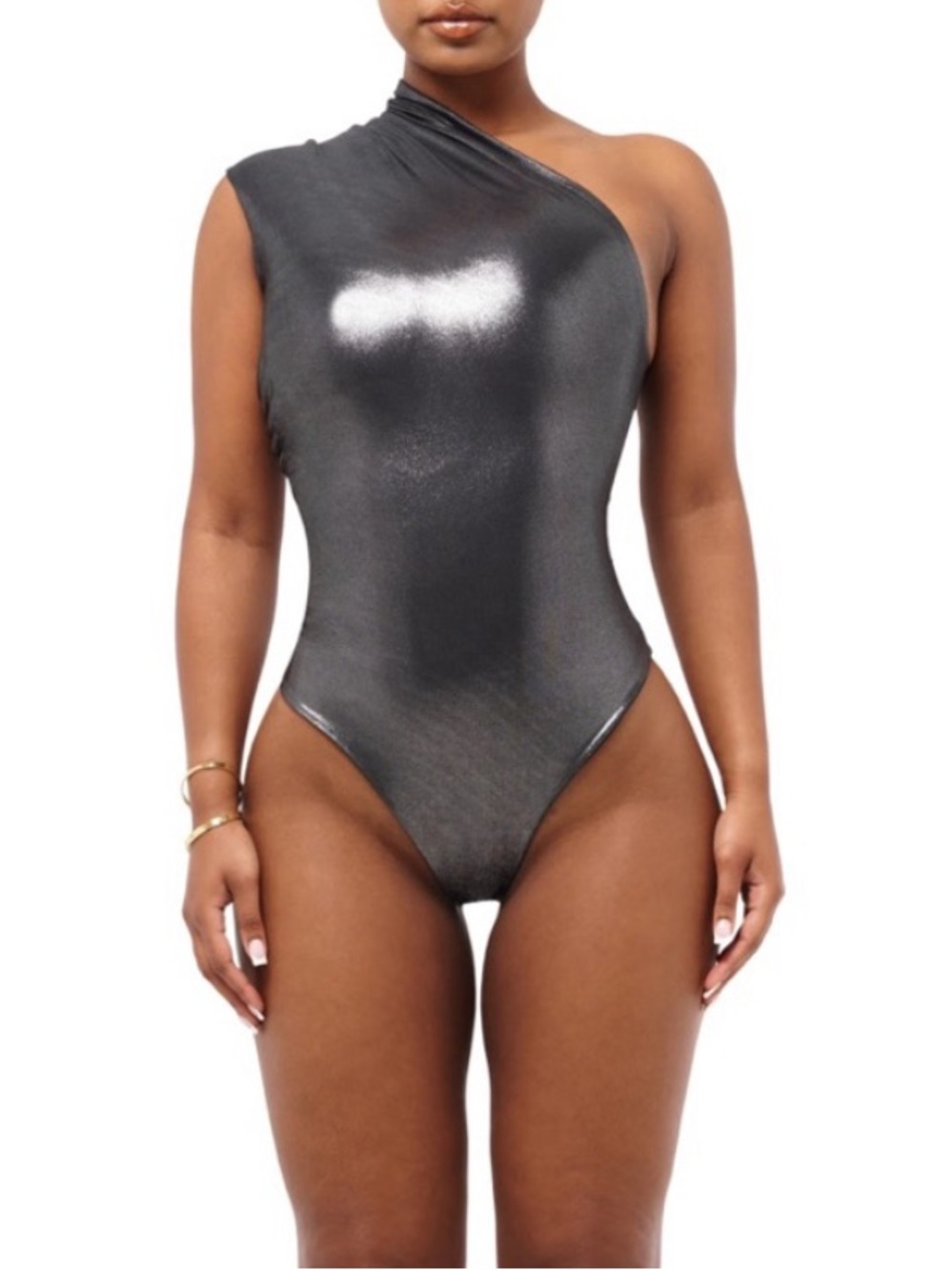 Coucoo One-Shoulder Black Metallic bodysuit